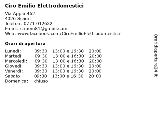 Orari di apertura Ciro Emilio Elettrodomestici Via Appia